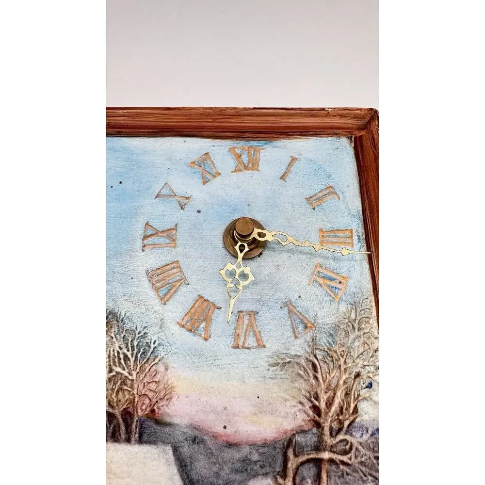 Vintage Byron Molds 1982/83 Hand Painted Winter Farm Scene Wall Clock Signed